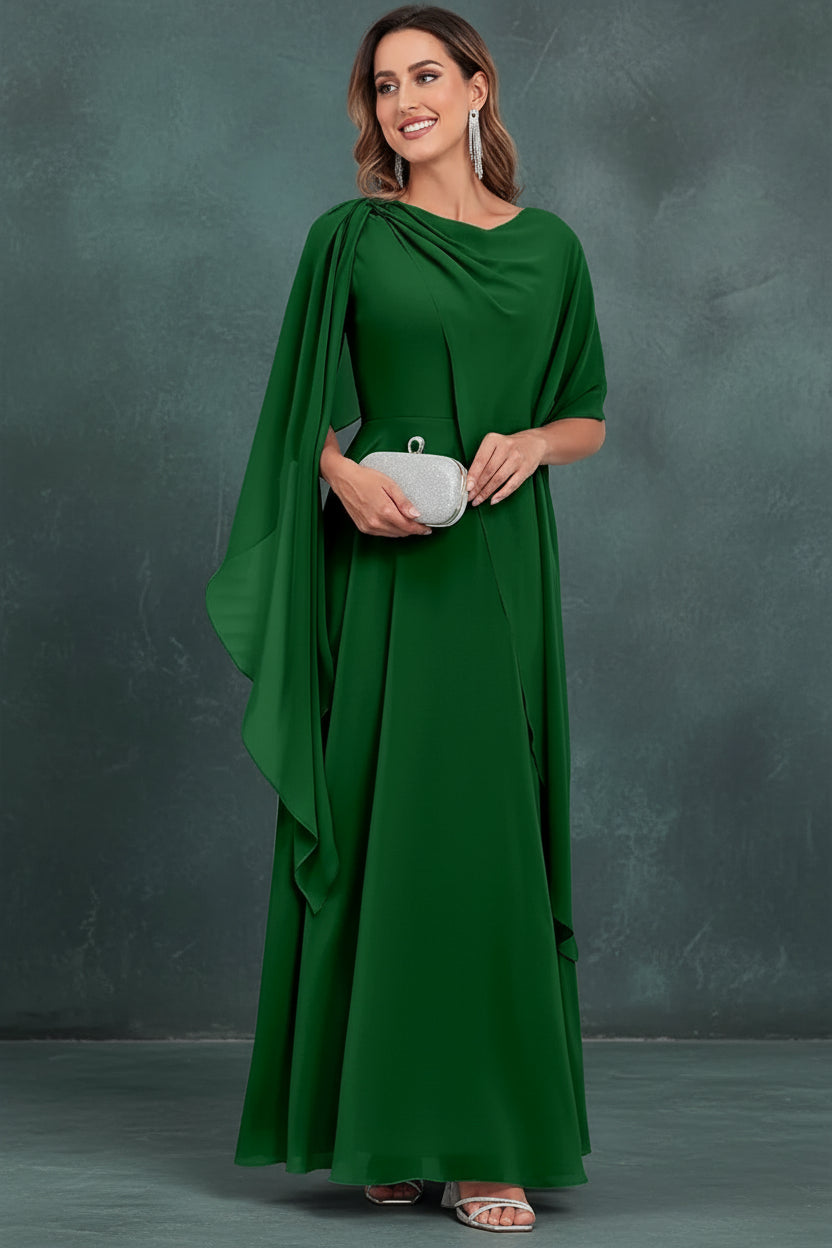 Scoop Neck Mother of The Bride Dresses Cape Shawl Ruffle Long Formal Evening Gowns Chiffon A Line Wedding Guest Bridesmaid Dress