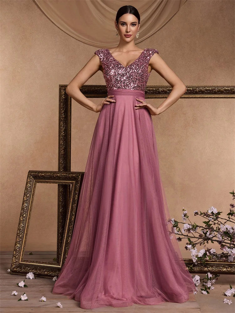 Luxury V-neck Chiffon Pink Evening Dresses