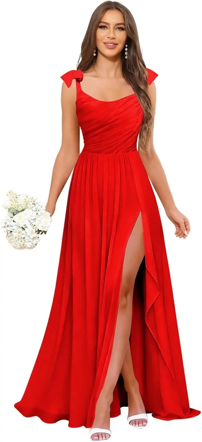 Square Neck Bridesmaid Dress with Ruffle Slit Chiffon Spaghetti Straps Ruched Bust Long Formal Prom Wedding Guest Gown