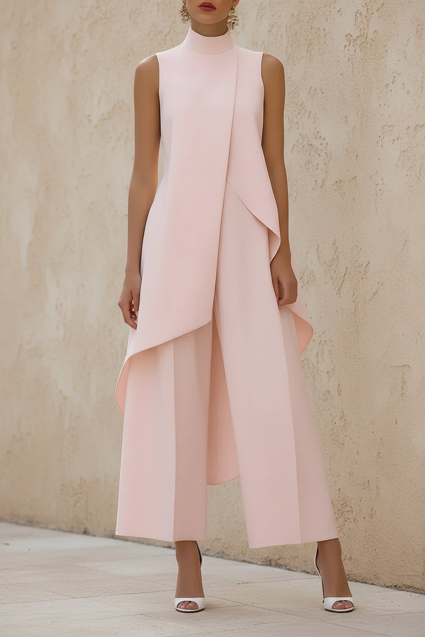 Sleeveless High Neck Asymmetrical Layered Wide Leg Jumpsuit for Women Elegant Formal Evening Wear