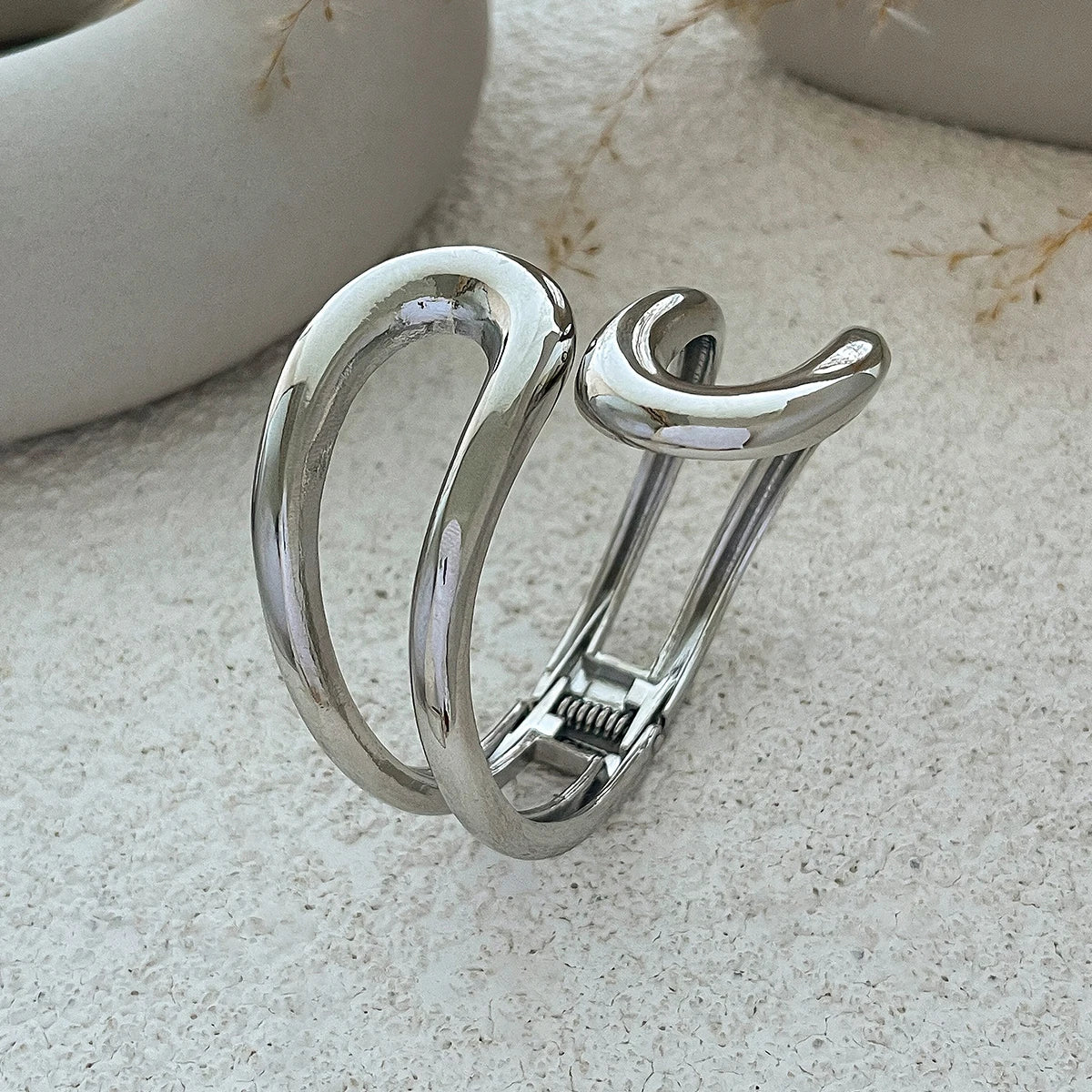 Salircon Trendy Simple Geometric Smooth Wide Spring Bangles for Women Double Layer Curved Metal Bracelet Ladies Party Jewelry
