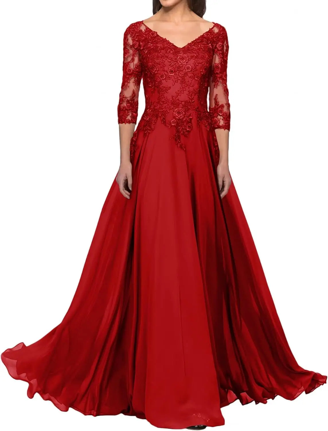 Elegant V Neck Lace Applique 3/4 Sleeve Mother of The Bride Dresses Chiffon A-Line Formal Evening Party Gowns