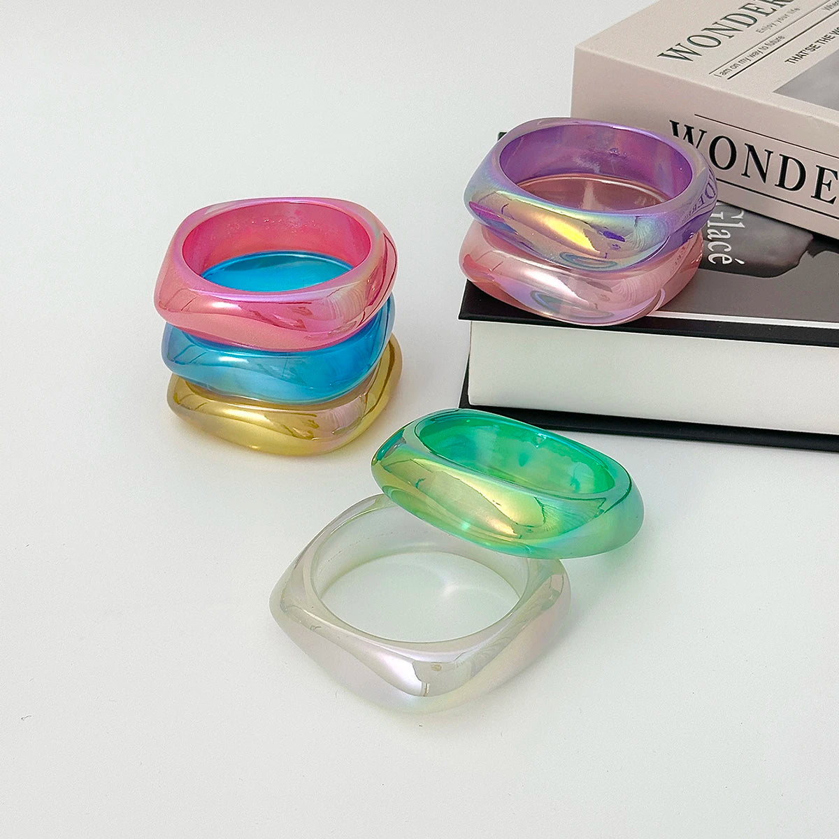 Salircon Fashion 7 Styles Colorful Transparent Resin Irregular Geometric Bangles Women Boho Chunky Wide Bracelets Jewelry Gifts