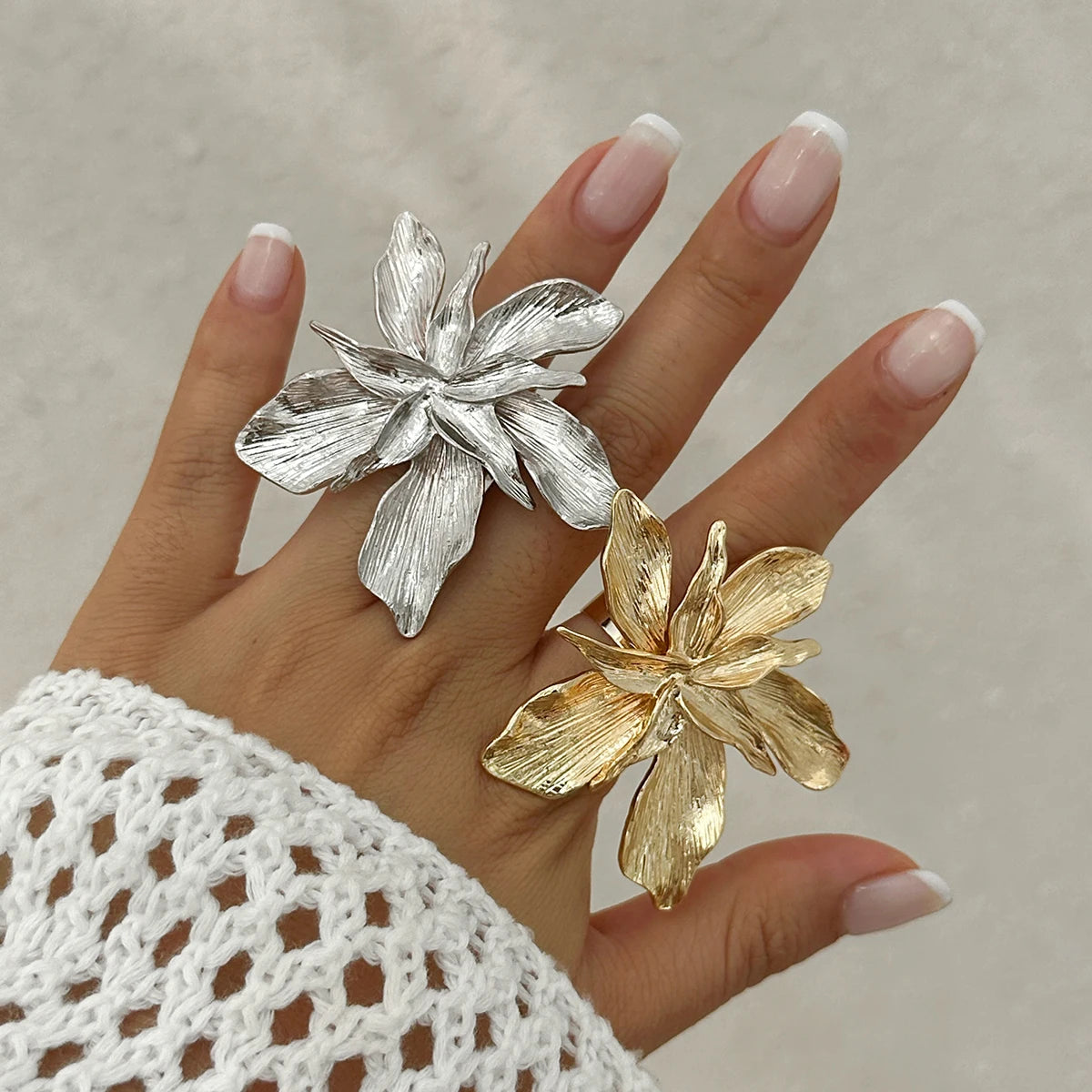 Salircon 2025 Personality Design Double Layered Metal Flower Ring for Women Trend Punk Party Adjustable Ring Ladies Jewelry Gift