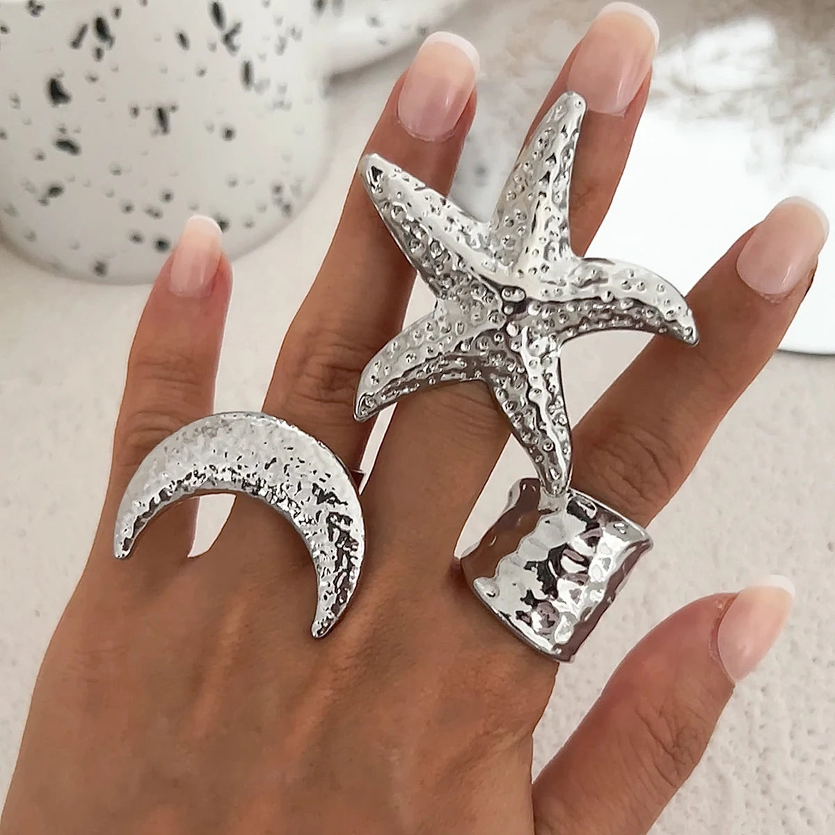 Salircon Exaggerated Vintage Big Starfish Moon Flower Ring for Women Trend Personality Metal Punk Party Finger Ring Jewelry