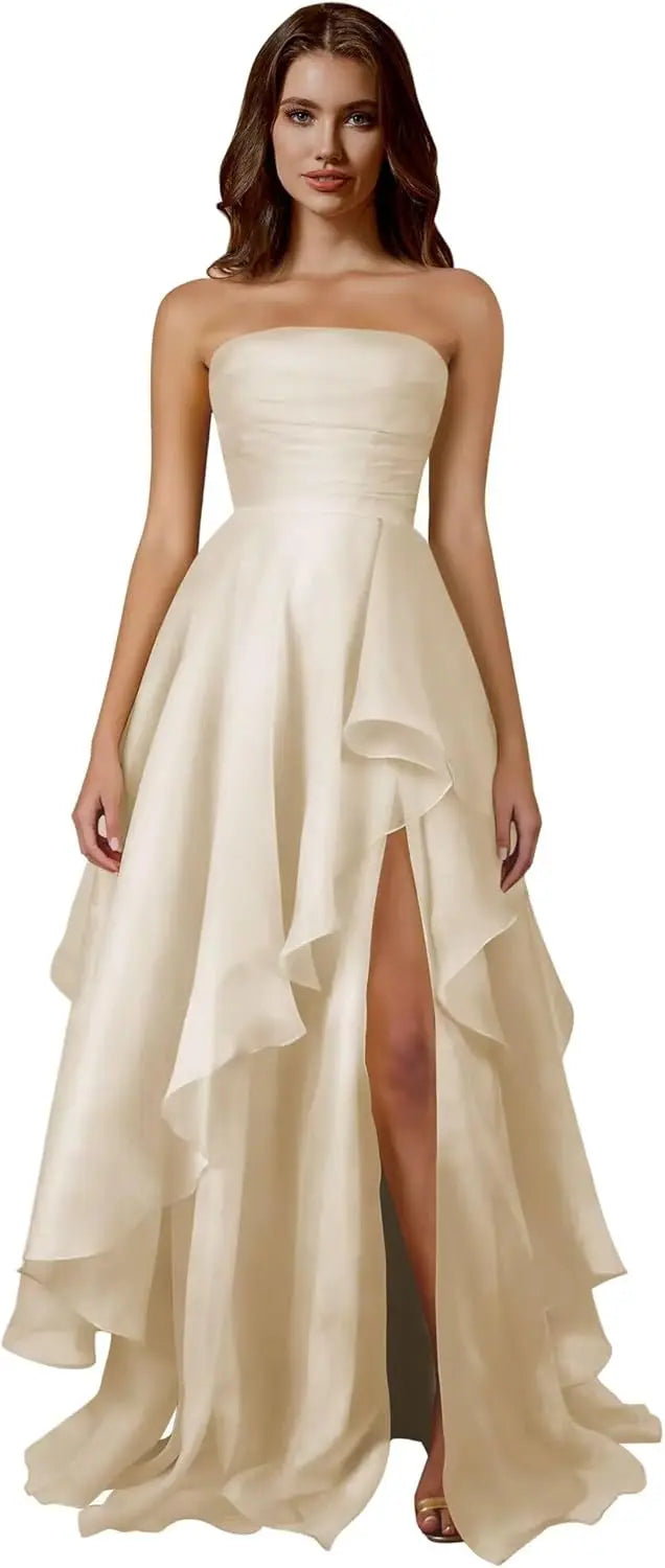 Strapless Tiered Prom Dresses Long Ruffle Tulle A Line Evening Ball Gown Dresses with Slit