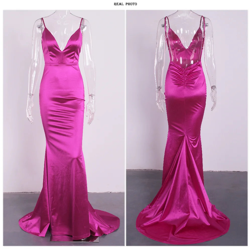 Romagic Burgundy Satin V Neck Evening Gown Bridesmaid Dresses Spaghetti Strap Floor Length Padded Stretchy Wedding Party Dress