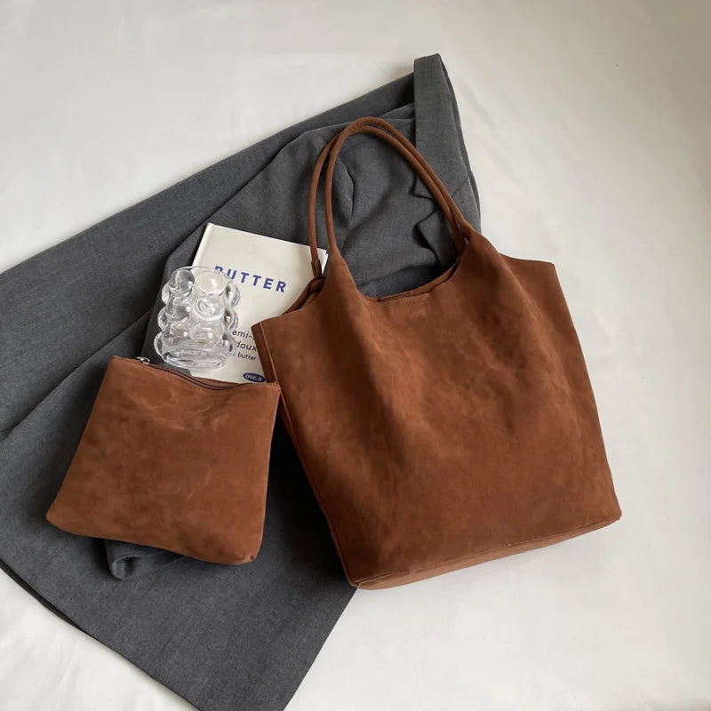 Retro Women's Suede Shoulder Bag New Solid Colors High Capacity Casual Tote Zippered Versatile Sewing Thread for Crafting