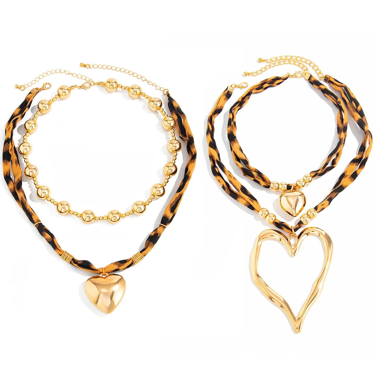 Salircon 2 Styles Trendy Leopard Print Chain Large Heart Pendant Necklace Women Punk CCB Beaded Choker Daily Wear Jewelry Gifts