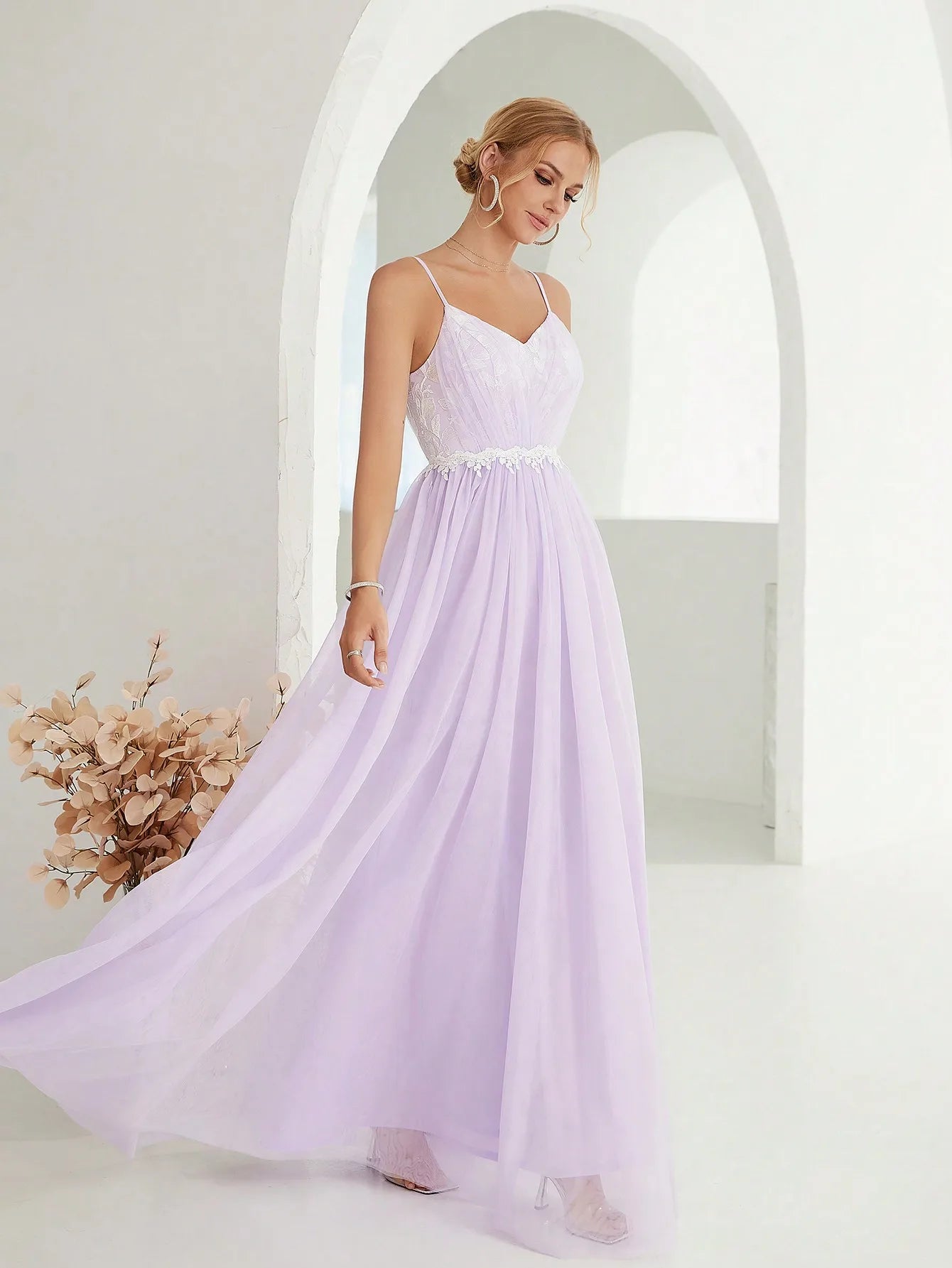 Mgiacy Halter mesh cross folding lace contrasting long dress