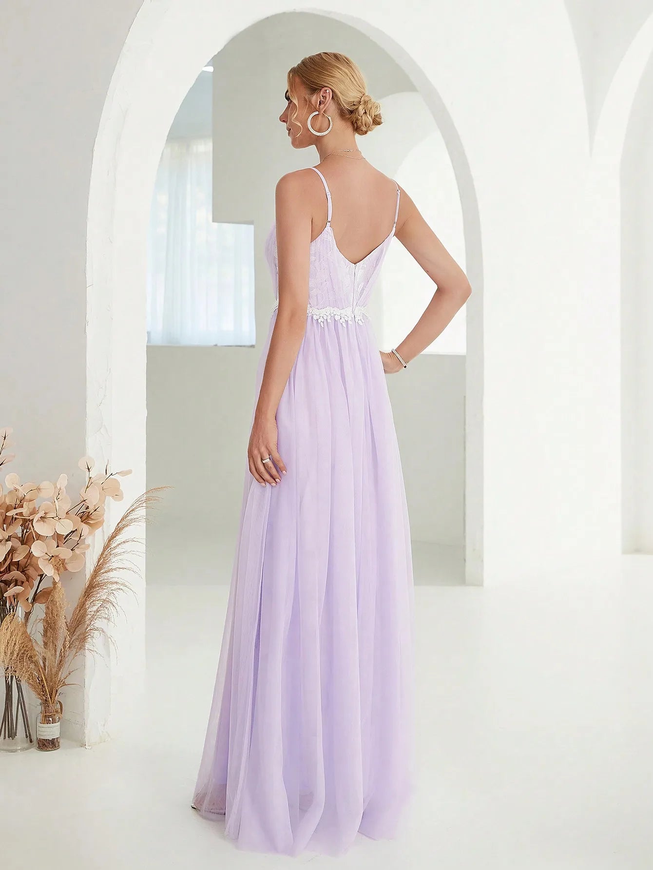 Mgiacy Halter mesh cross folding lace contrasting long dress