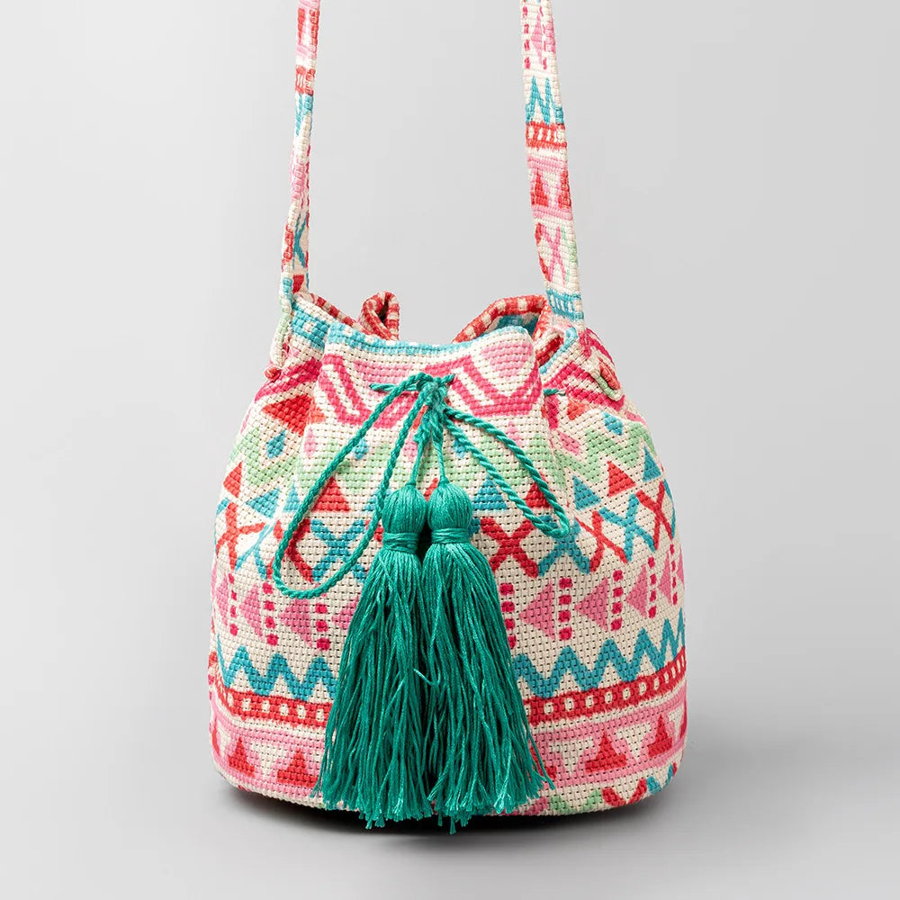 Boho style embroidered bucket bag