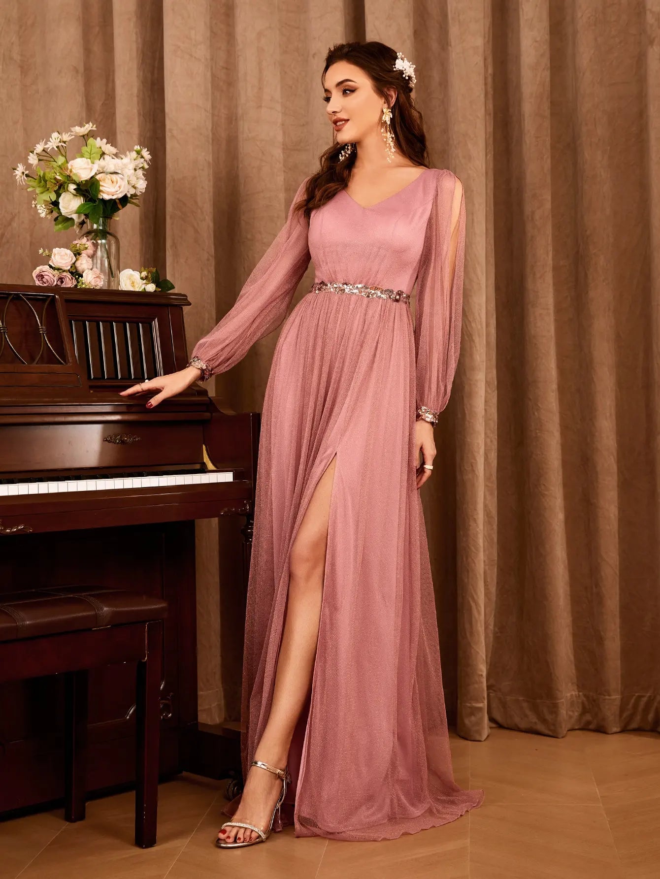Mgiacy V-neck gauze applique slit elegant Evening gown Ball dress Party dress Bridesmaid dress