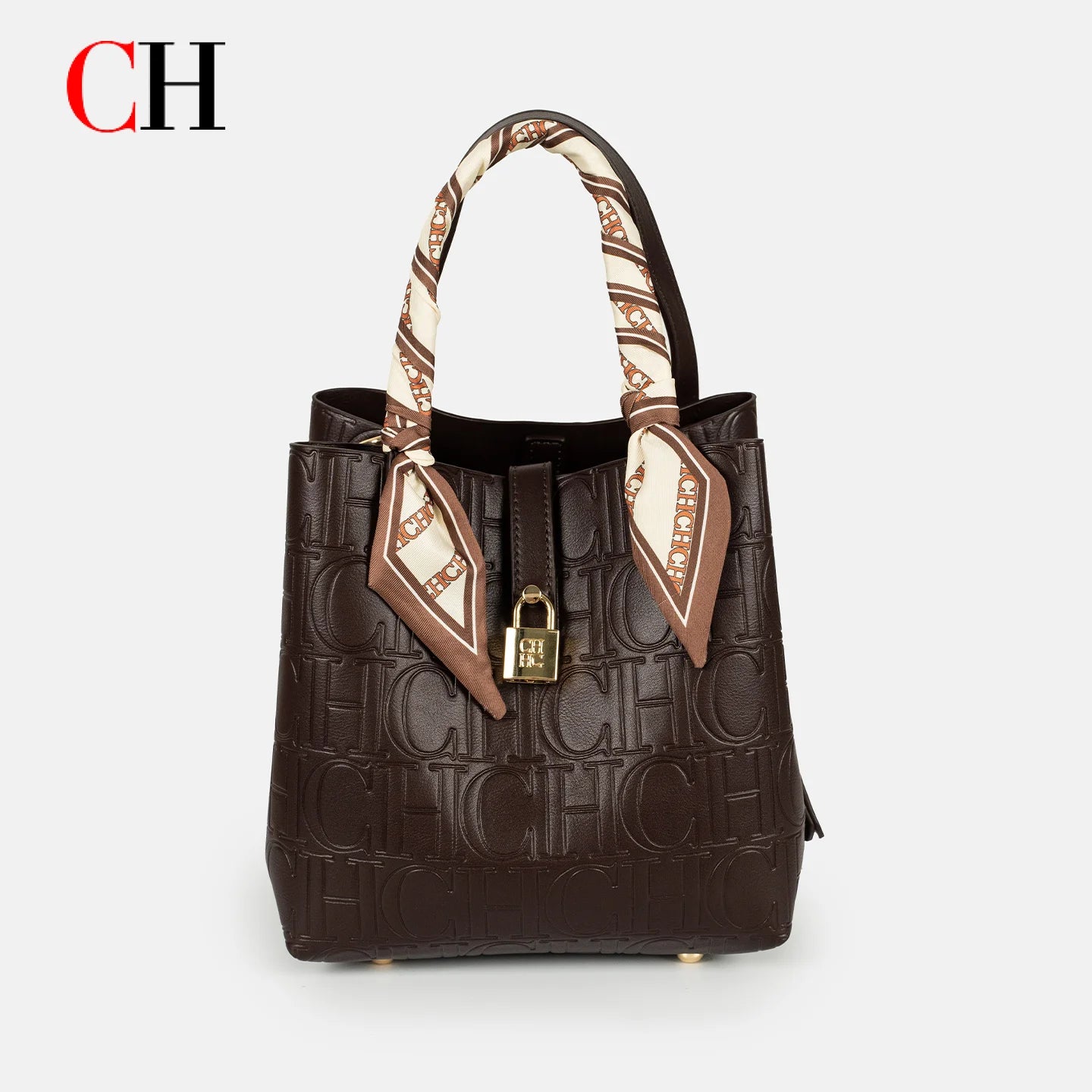 CH Womens Embossed Leather Bucket Bag with Silk Scarf Lock Decor Luxury Designer Handbag Large Capacity Crossbody Tote