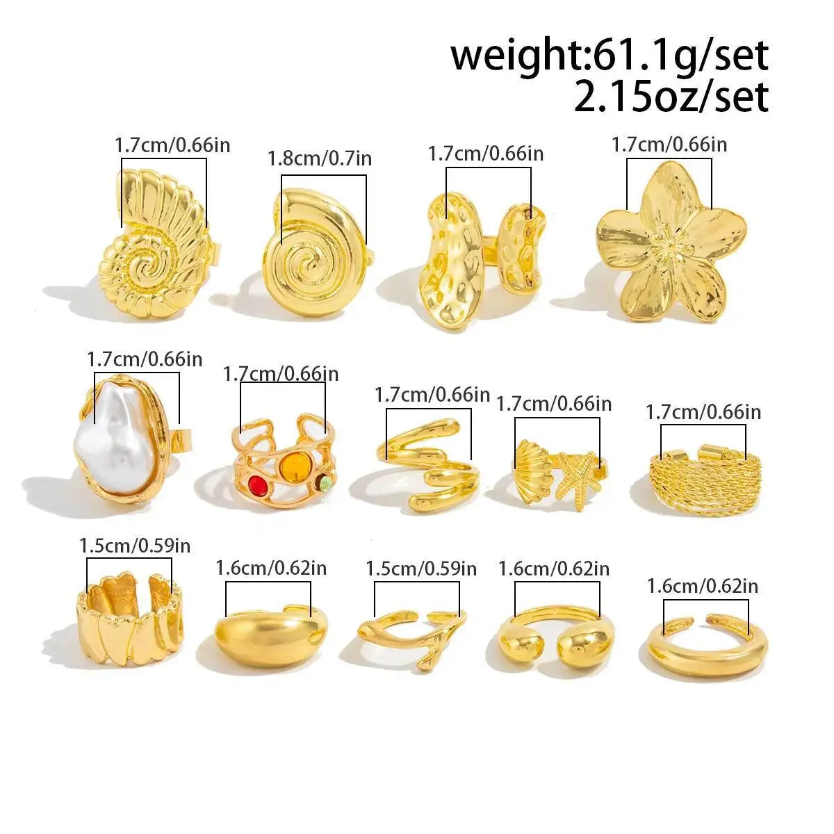 Salircon 14 Pcs/Set Hip Hop Creative Flower Conch Rings for Women Men Punk Gold Color Imitation Pearl Knuckle Joint Ring Jewelry