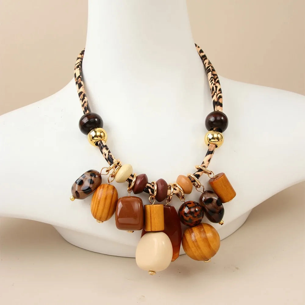 Boho Leopard Print Resin Bead Statement Necklace, Earth Tone Fashion Jewelry for Women, Vacation & Daily Wear Accessory