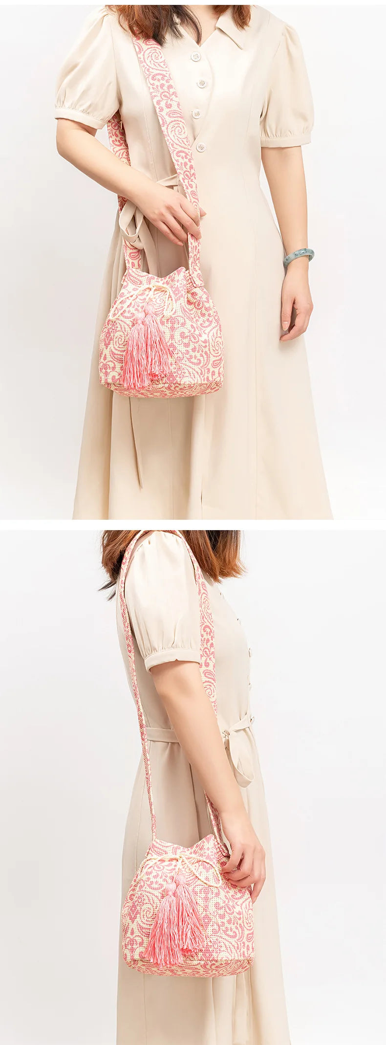 Boho style embroidered bucket bag