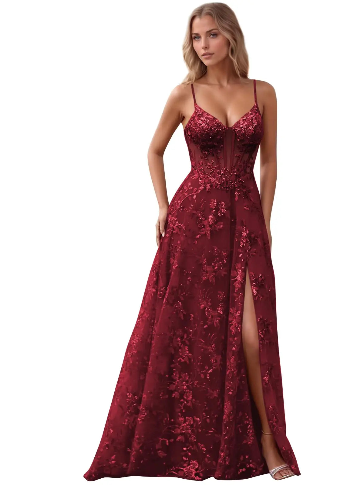 Spaghetti Strap Tulle Appliques Prom Dresses with Slit V Neck Sequin Evening Gown Women Formal Pageant Dress Long Party Dresses