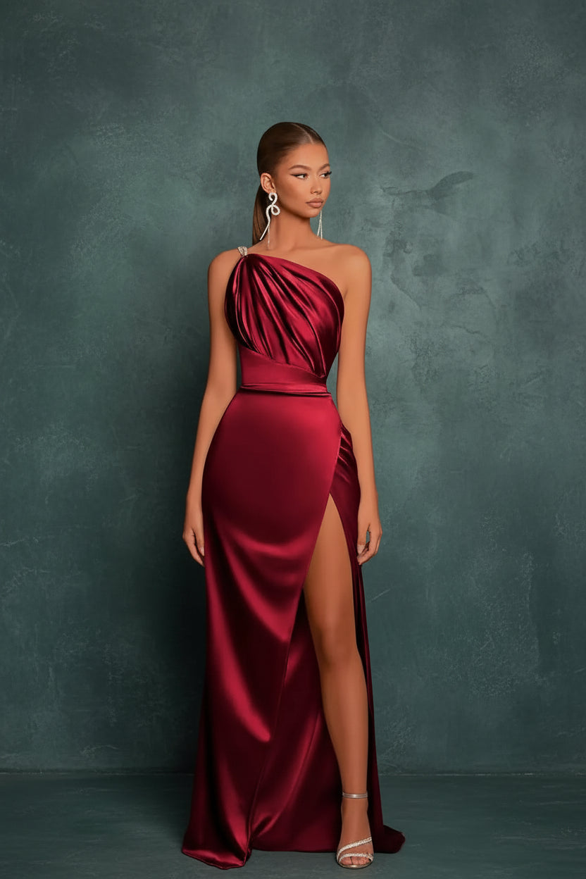 Long Satin Bridesmaid Dresses One Shoulder Spaghetti Straps Mermaid Prom Dress with Slit