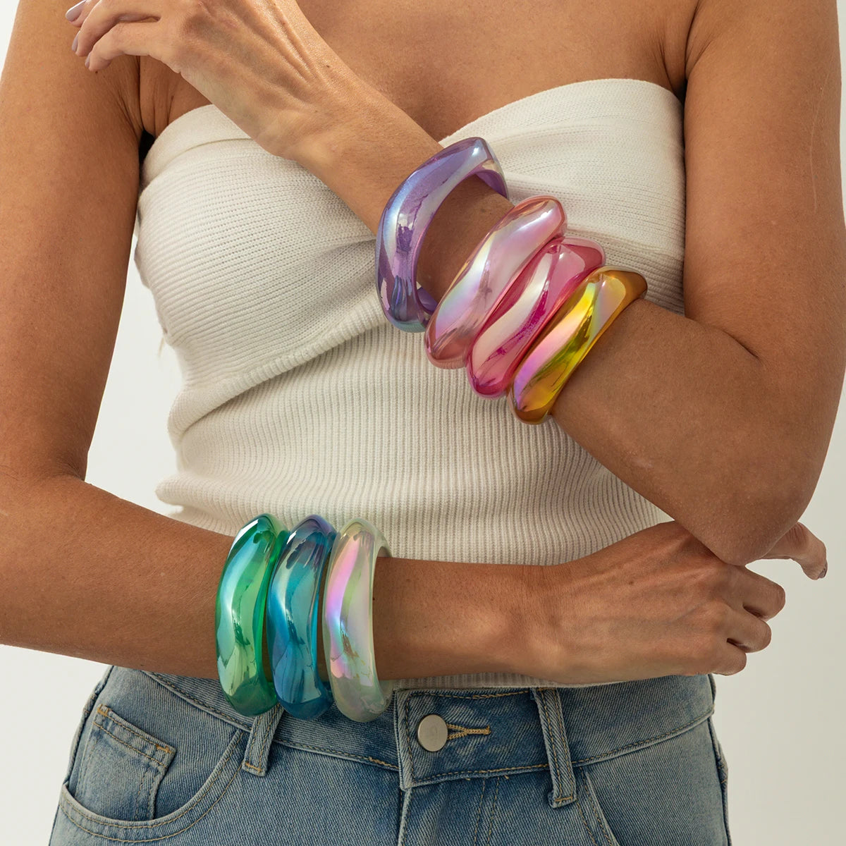 Salircon Fashion 7 Styles Colorful Transparent Resin Irregular Geometric Bangles Women Boho Chunky Wide Bracelets Jewelry Gifts