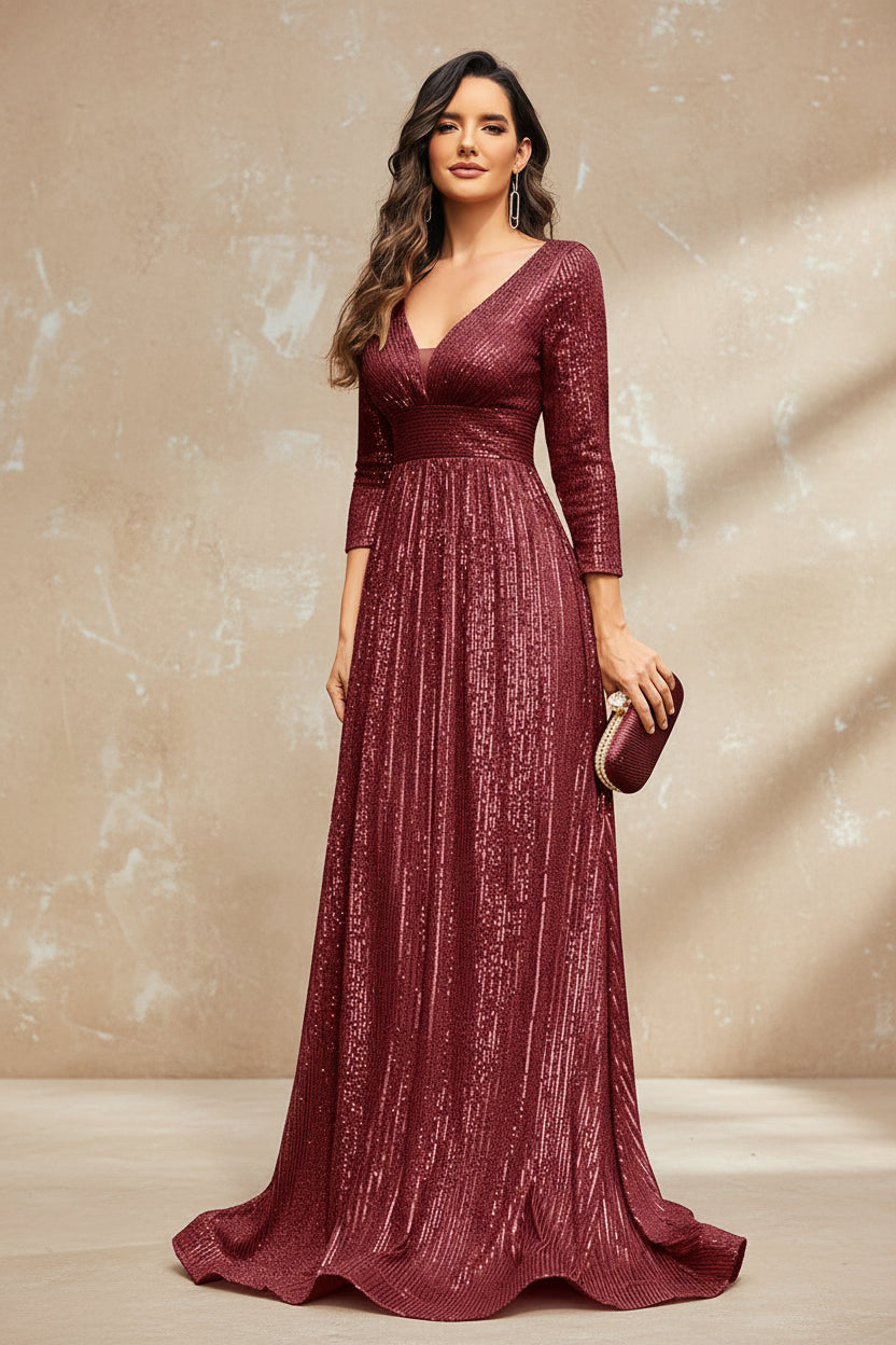 Luxury V Neck Long Sleeves Blue Sequins Formal Evening Dress Women 2024 Wedding Party Prom Maxi Cocktail Dress Gowns