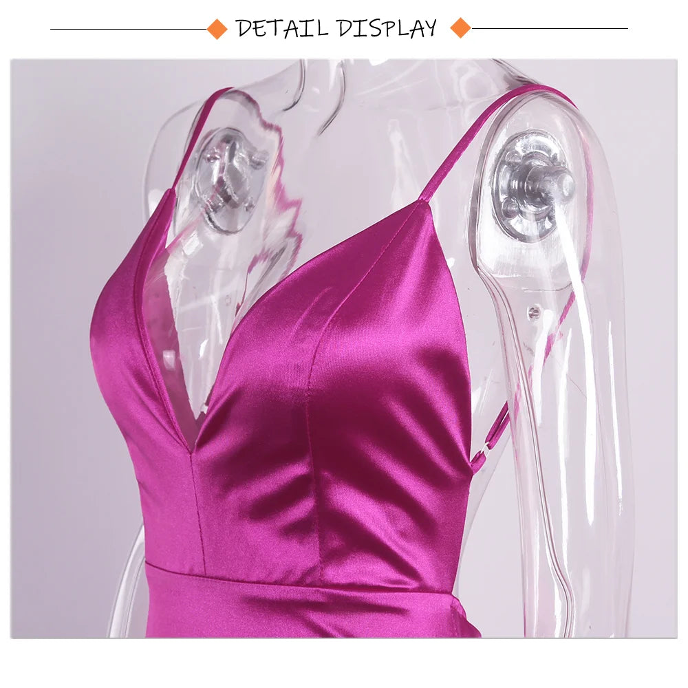 Romagic Burgundy Satin V Neck Evening Gown Bridesmaid Dresses Spaghetti Strap Floor Length Padded Stretchy Wedding Party Dress