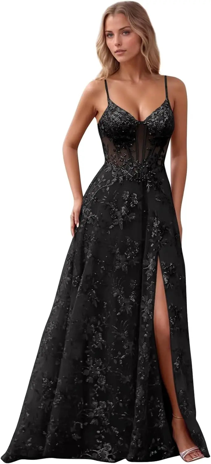 Spaghetti Strap Tulle Appliques Prom Dresses with Slit V Neck Sequin Evening Gown Women Formal Pageant Dress Long Party Dresses