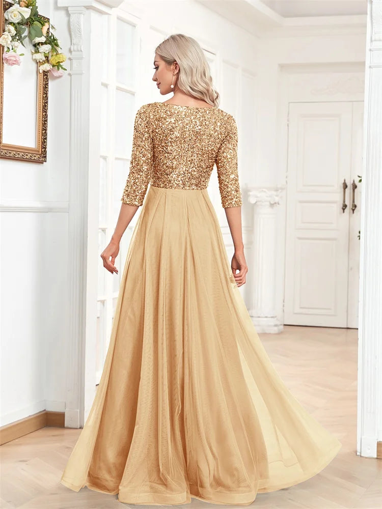 Luxury Gold Floor Length V-Neck Tulle Evening Dresses Women Elegant Party Maxi Dress Sequin Short Sleeves Prom Cocktail Gown