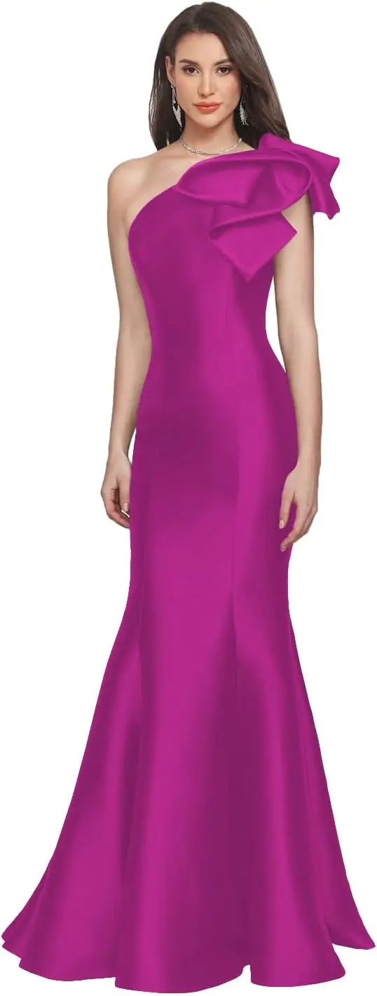 One Shoulder Prom Dresses Satin Mermaid Long Gowns With Bow