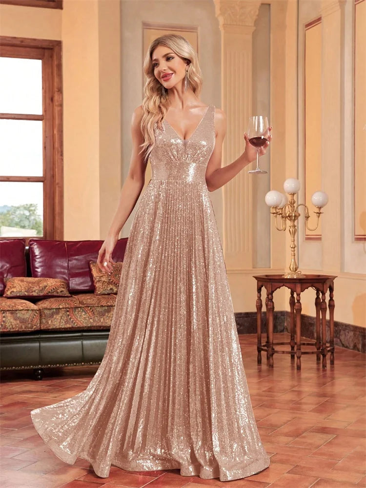 Luxury V-Neck Sleeveless Formal Evening Dresses Women Sequins Wedding Party Prom Maxi Cocktail Gowns Vestidos