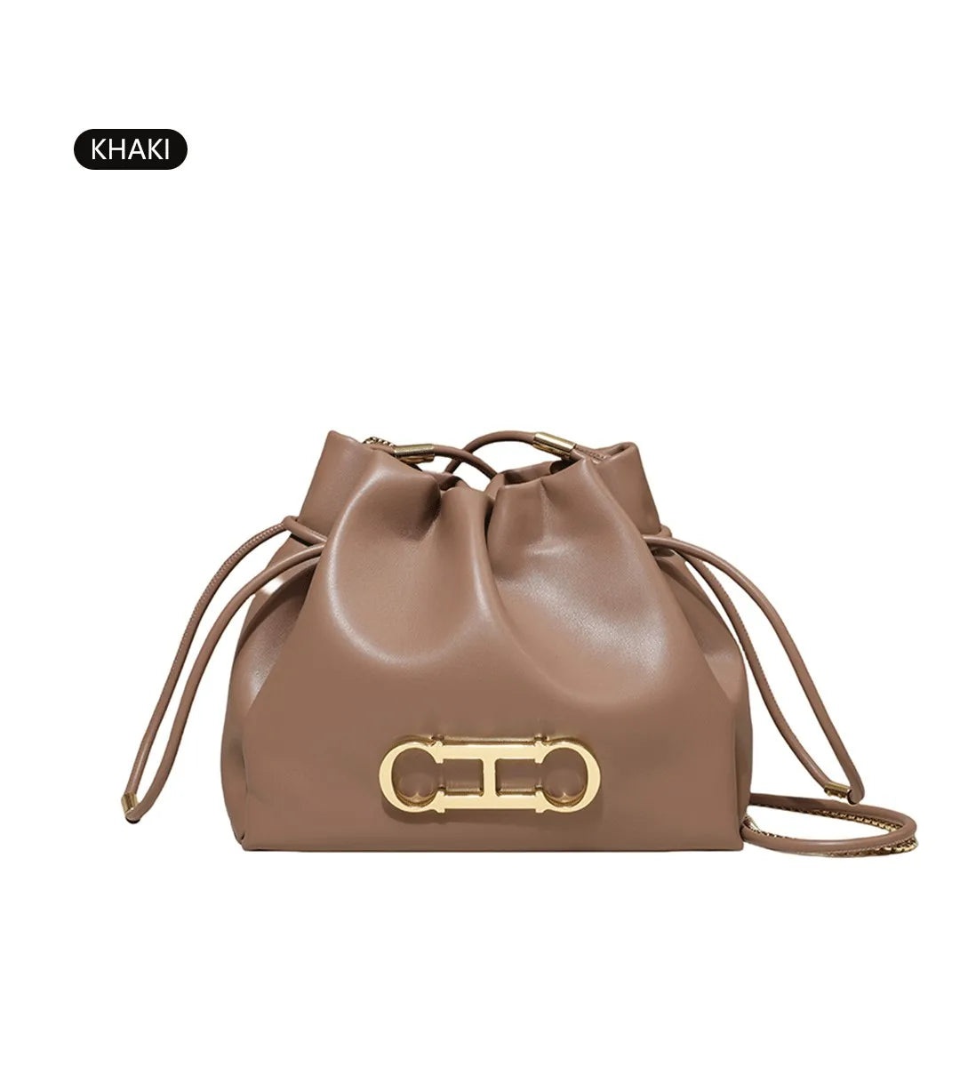 Elegant Drawstring Bucket Bag 2026 Shoulder Handbag with Gold CH Logo Versatile Chain Strap Crossbody Purse for Ladies