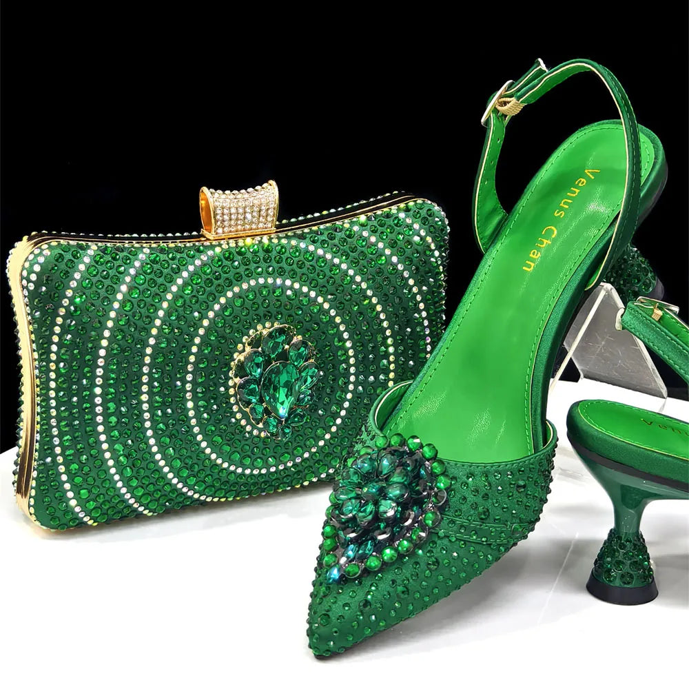 Venus Chan Blue Color Rhinestone Comfortable high heel shoe And Bag Fashion Style Pointed-Toe Shoes For Women Or Commuting Shoes
