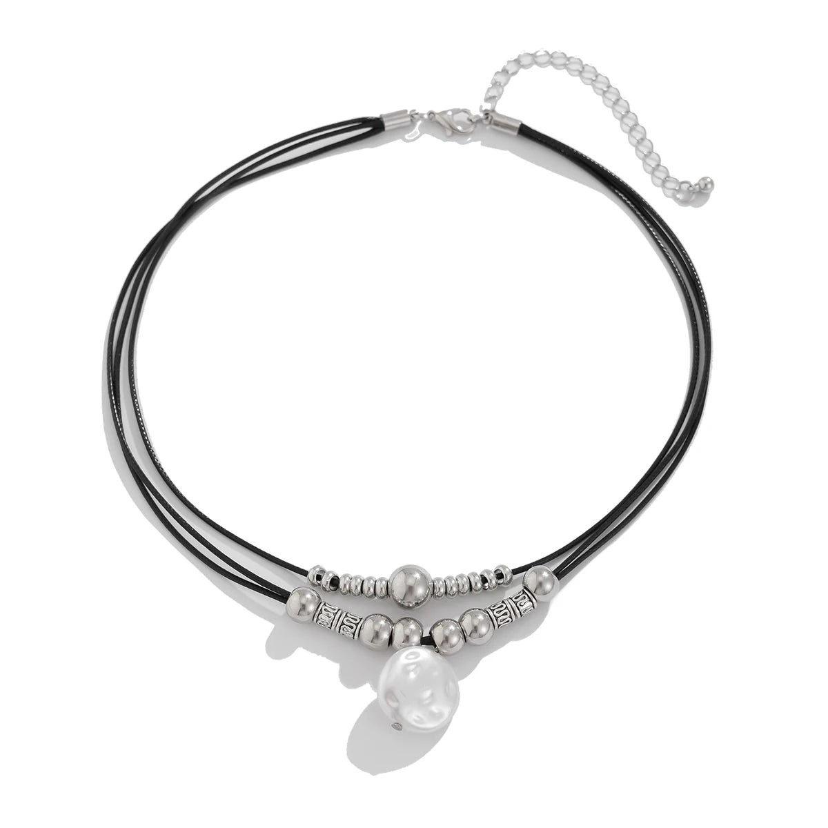 KunJoe Vintage Multilayer Leather Rope Chain Plastic Beads Choker Short Necklace Women Simple Imitation Pearl Pendant Necklace