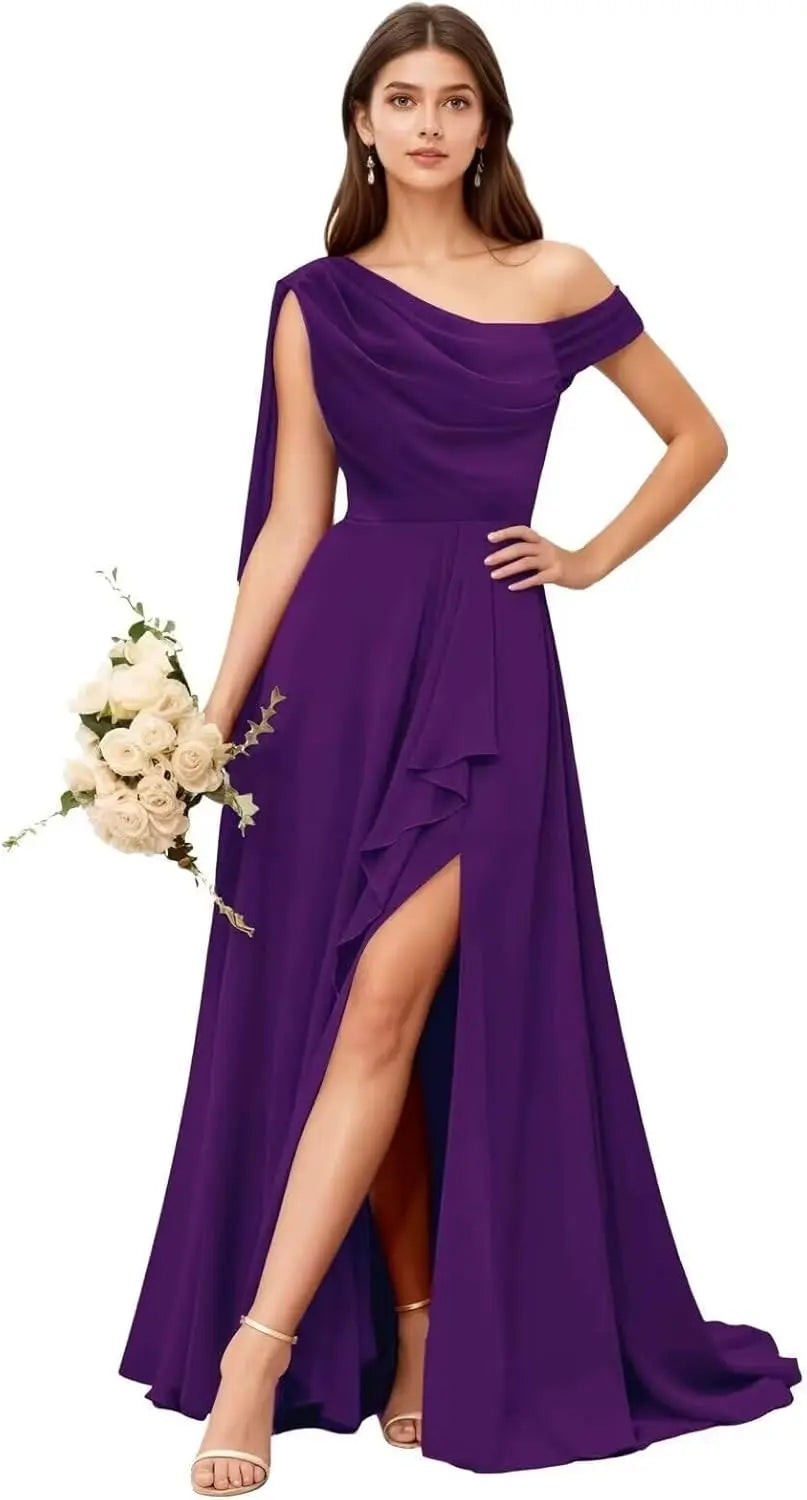 Chiffon One Shoulder Bridesmaid Dresses for Women with Pleated Ruffles A Line Long Formal Dress with Slit
