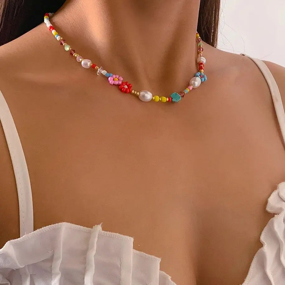 Salircon Baroque imitation Pearls Cute Flower Colorful Handwoven Beaded Short Clavicle Chain Choker Necklace Women Girls Jewelry