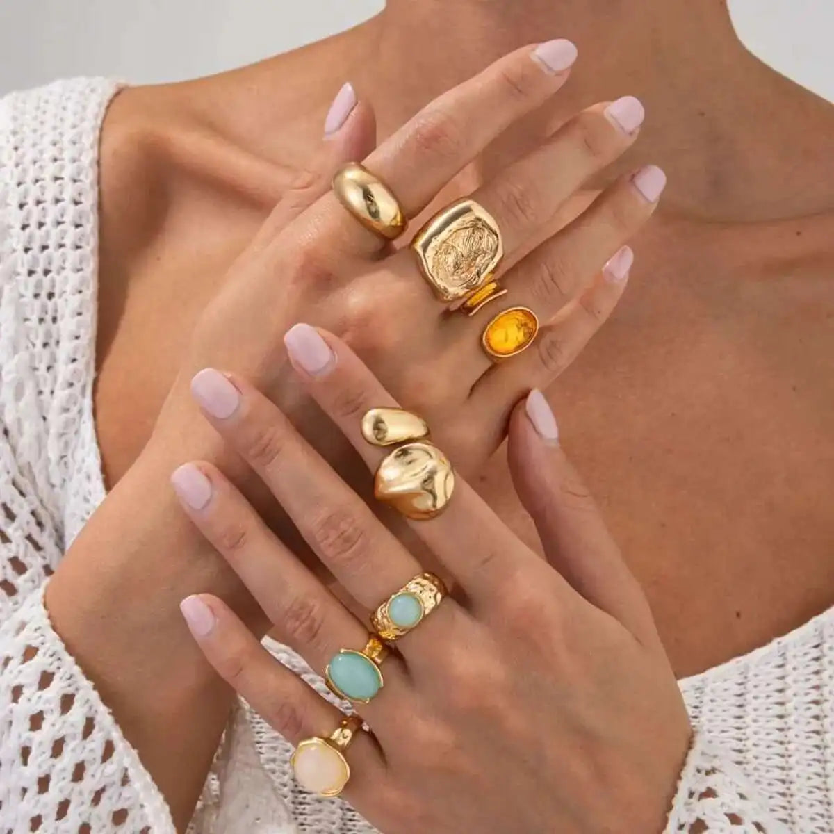 Salircon 7Pcs/Set Trendy Colorful Crystal Open Rings for Women Luxury Chunky Finger Rings Fashion Banquet Jewelry Accessories