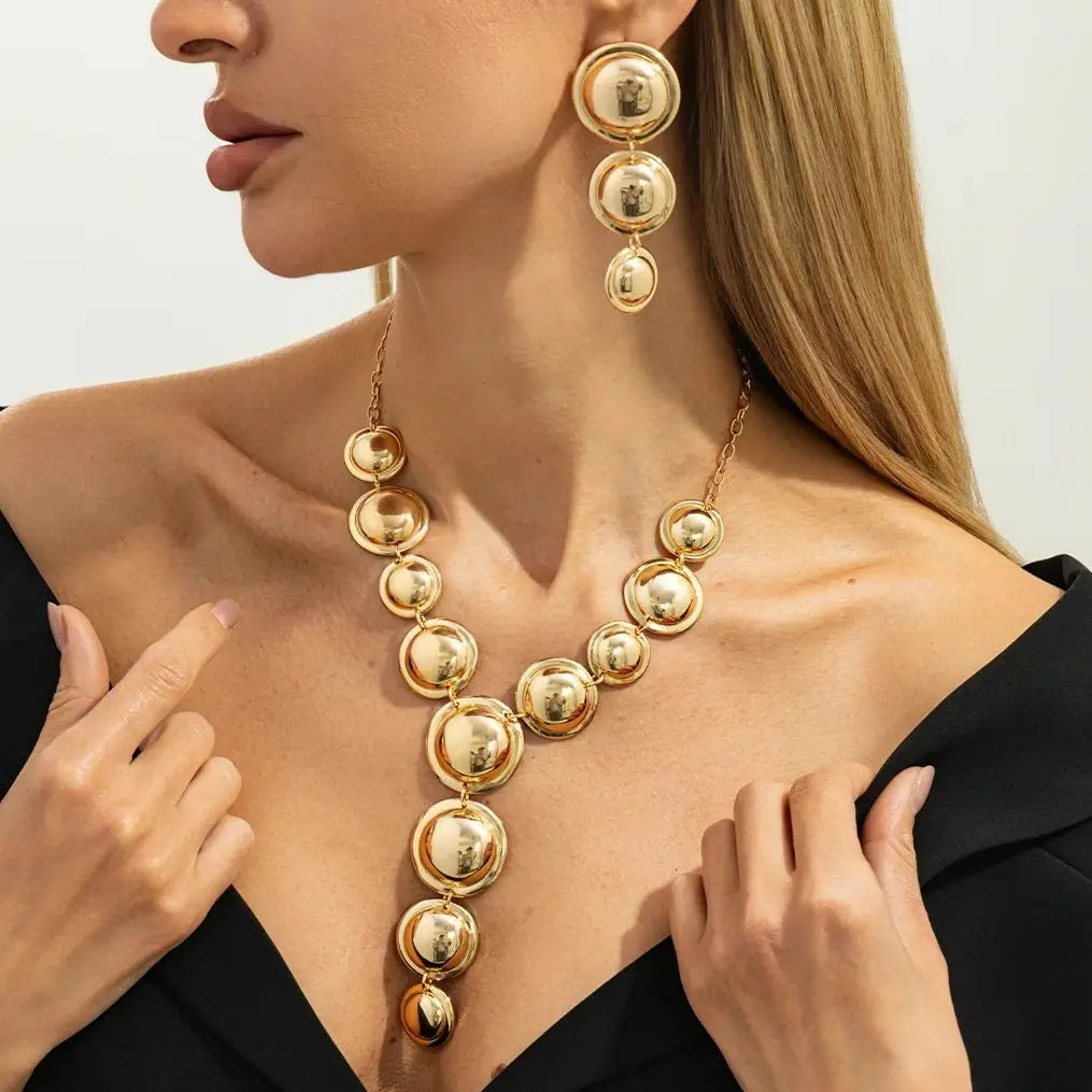 Salircon Women Punk Metal Y-Shaped Chain Jewelry Set Exaggerated Geometric Smooth Circular Spliced Long Necklace And Earrings