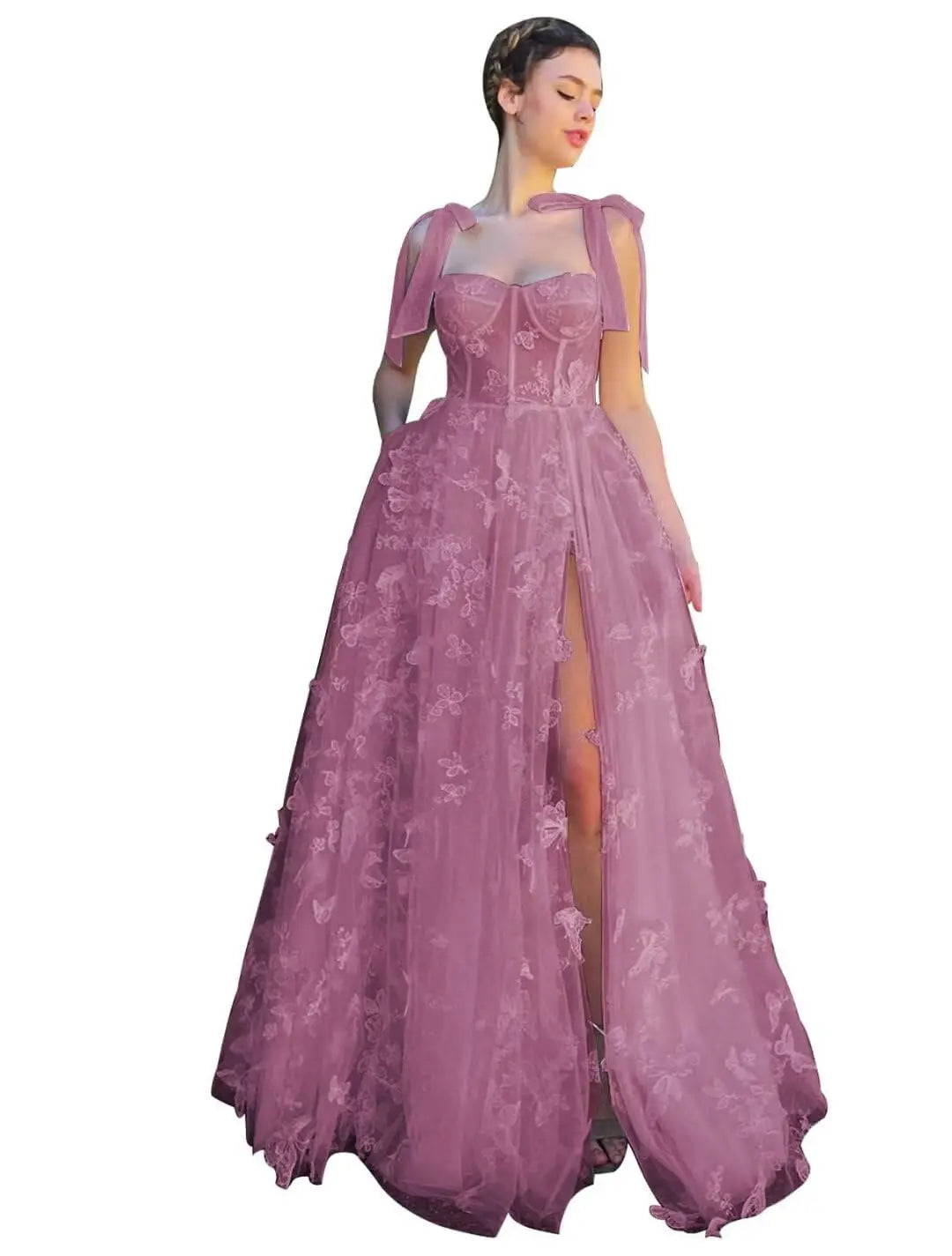 3D Butterfly Tulle Corset Prom Dresses for Teens Formal Fairy Ball Gowns Spaghetti Straps Evening Gown with Slit Party Dresses