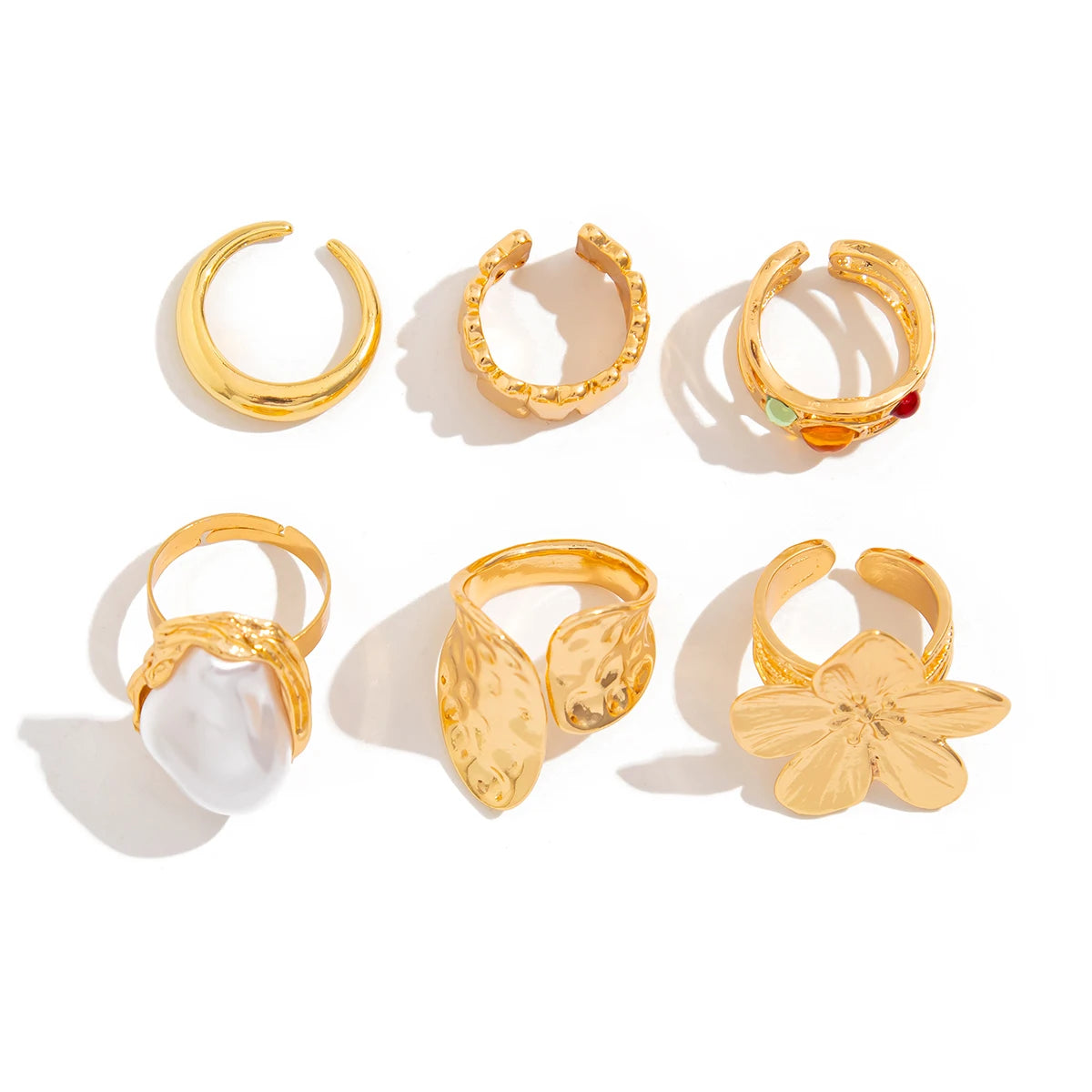 KunJoe 6 Pcs Elegant Crystal Imitation Pearl Open Rings Set for Women Smooth Metal Gold Color Flower Chunky Ring Jewelry Gift