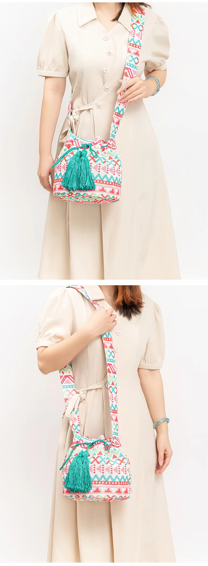 Boho style embroidered bucket bag