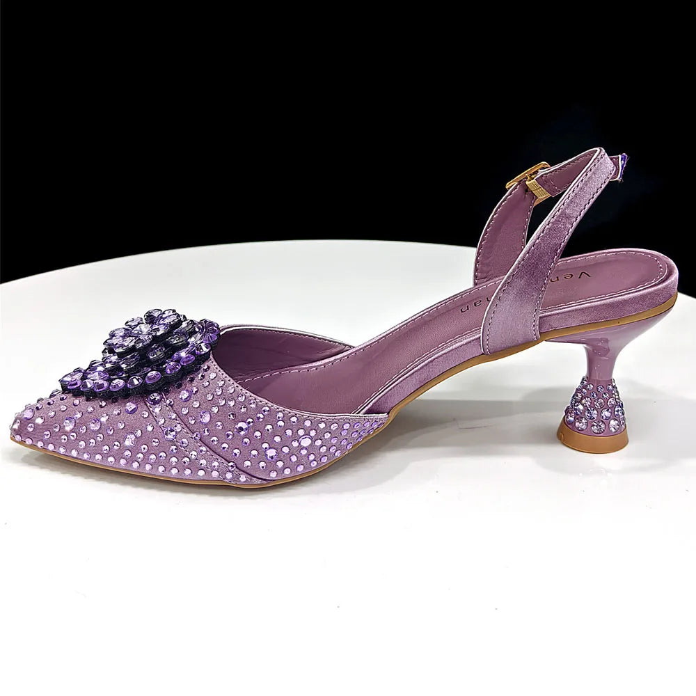 Venus Chan Blue Color Rhinestone Comfortable high heel shoe And Bag Fashion Style Pointed-Toe Shoes For Women Or Commuting Shoes