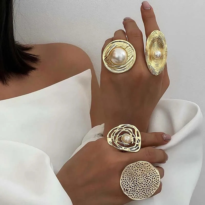Exaggerated Metal Big Pearl Flower Rings for Women Retro Gold Color Irregular Geometric Circle Leaf Opening Finger Ring Jewelry