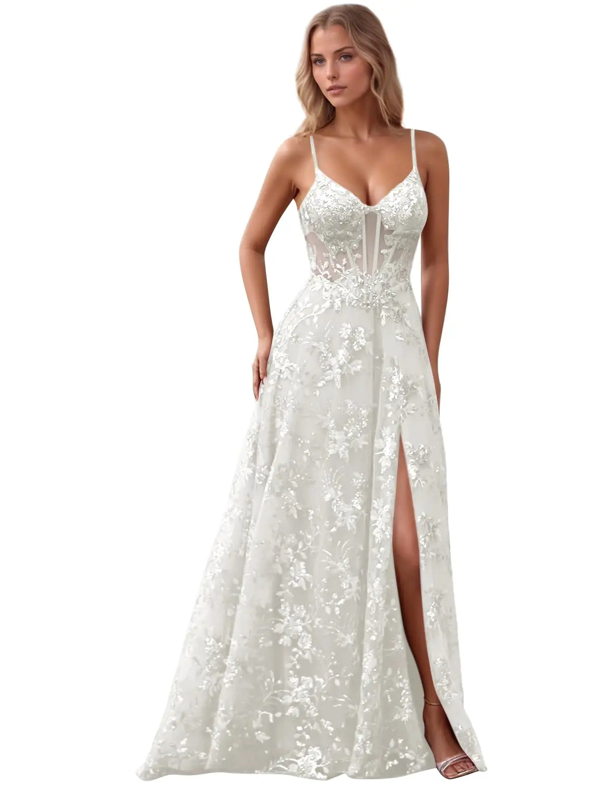 Spaghetti Strap Tulle Appliques Prom Dresses with Slit V Neck Sequin Evening Gown Women Formal Pageant Dress Long Party Dresses