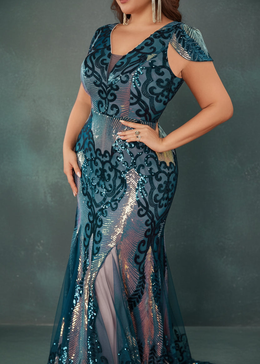 Plus Size Luxurious Short Sleeve Sequin Formal Evening Dress Women Elegant  Mermaid Party Cocktail Gown Special Event