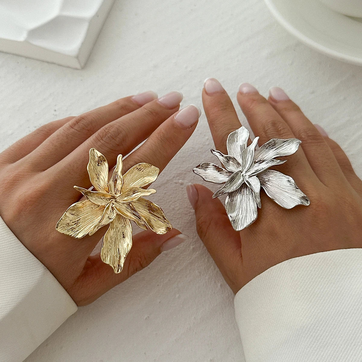 Salircon 2025 Personality Design Double Layered Metal Flower Ring for Women Trend Punk Party Adjustable Ring Ladies Jewelry Gift