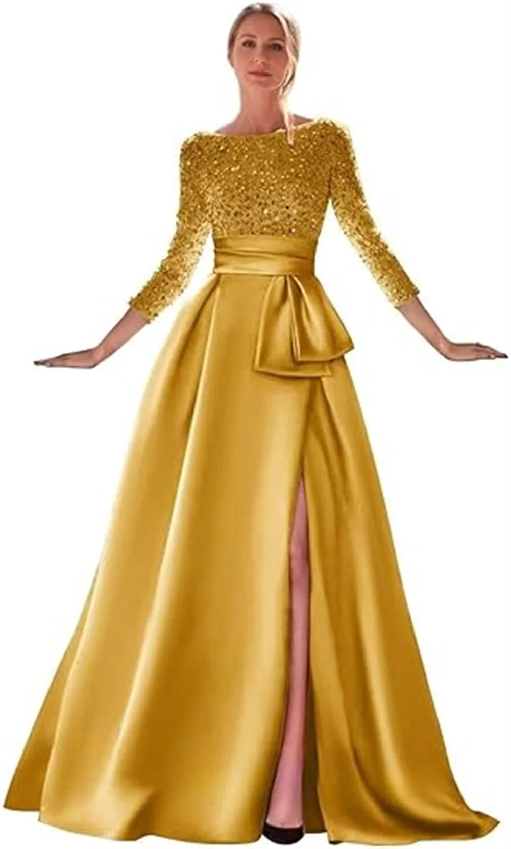 Long Sleeves Mother Of The Bride Dresses For Wedding Sparkly Sequin Ball Gowns Side Slit Satin Formal Party Prom Gown