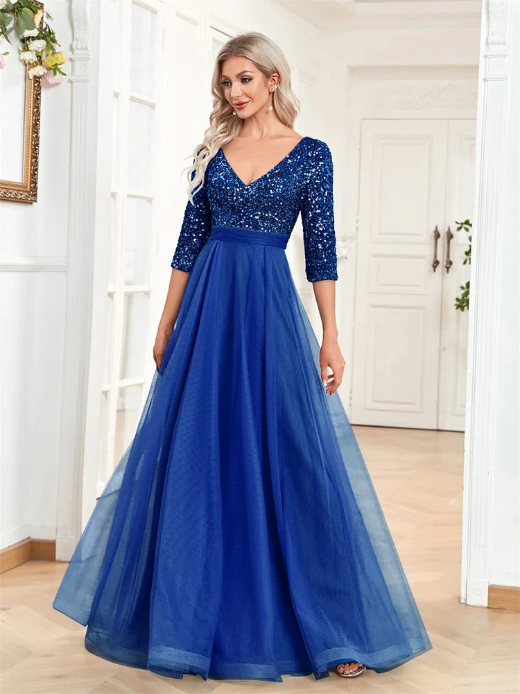 Luxury Floor Length V-Neck Tulle Evening Dress