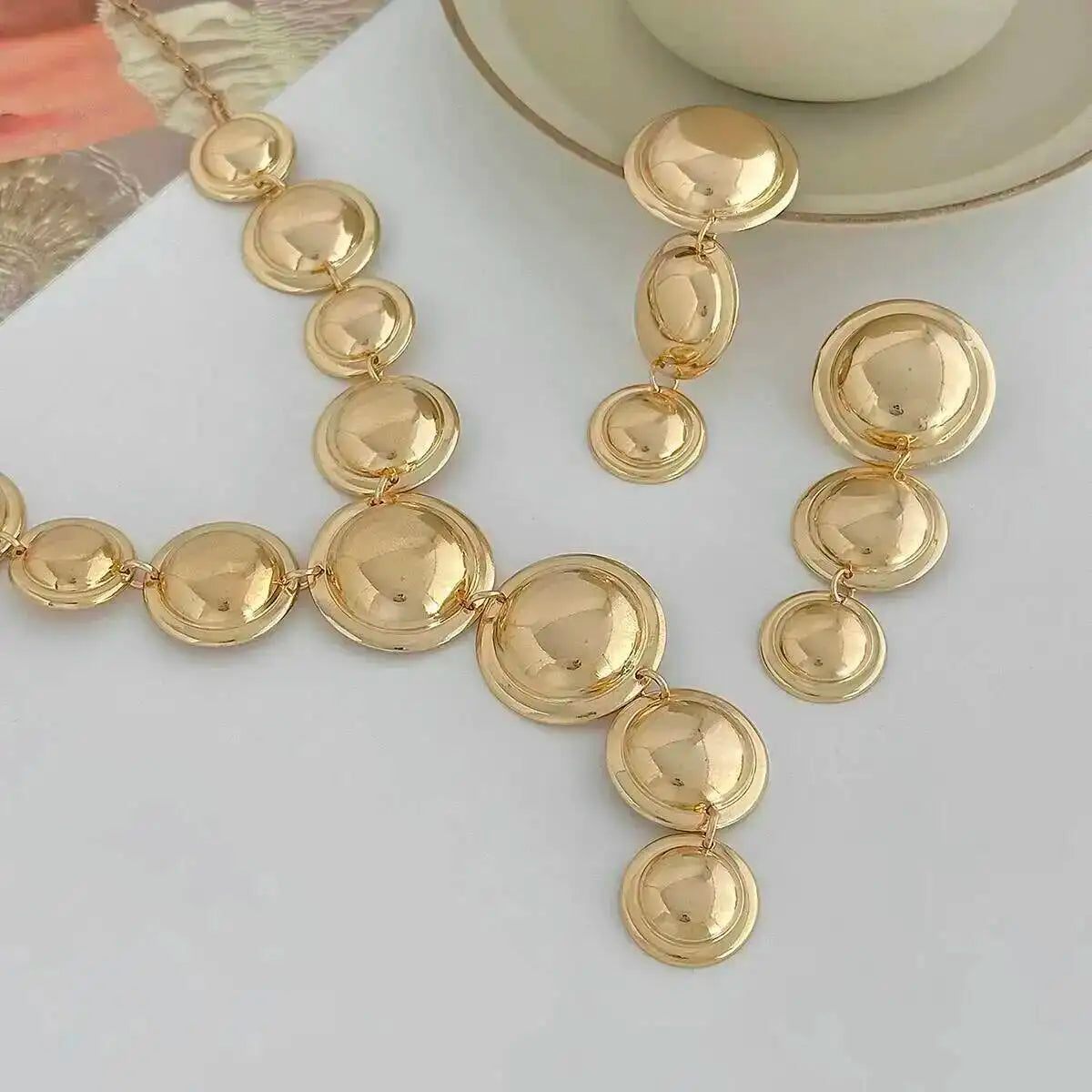 KunJoe Luxury Glossy Round Pendant Necklace Drop Earrings Jewelry Set for Women Elegant Sexy Y-Shaped Long Chain Necklace Gifts