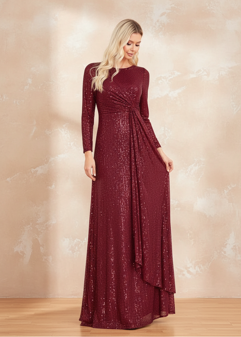 elegant Long Sleeve O-Neck Red Sequins Evening Dress Luxury 2024 Women Wedding Party Prom Cocktail Dress Graduation Gowns