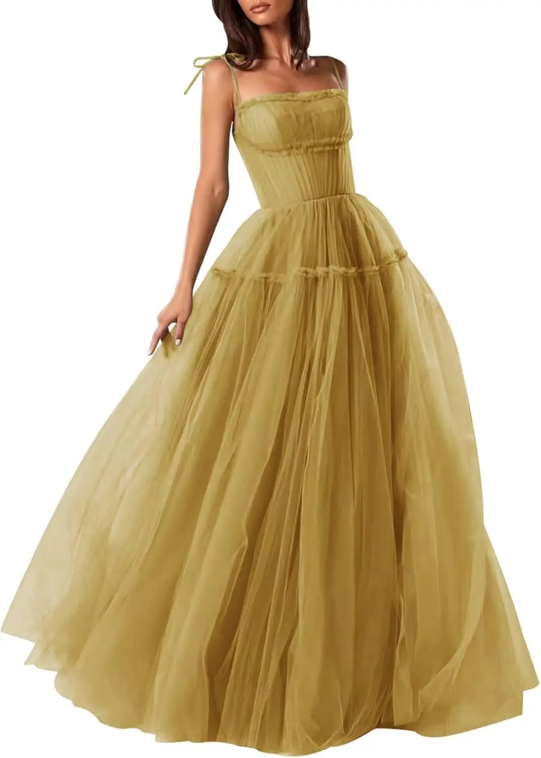 Women's Tulle Prom Dresses Spaghetti Straps Bridesmaid Dresses Long A Line Foraml Evening Party Gowns Tiered Fluffy Skirt Dress